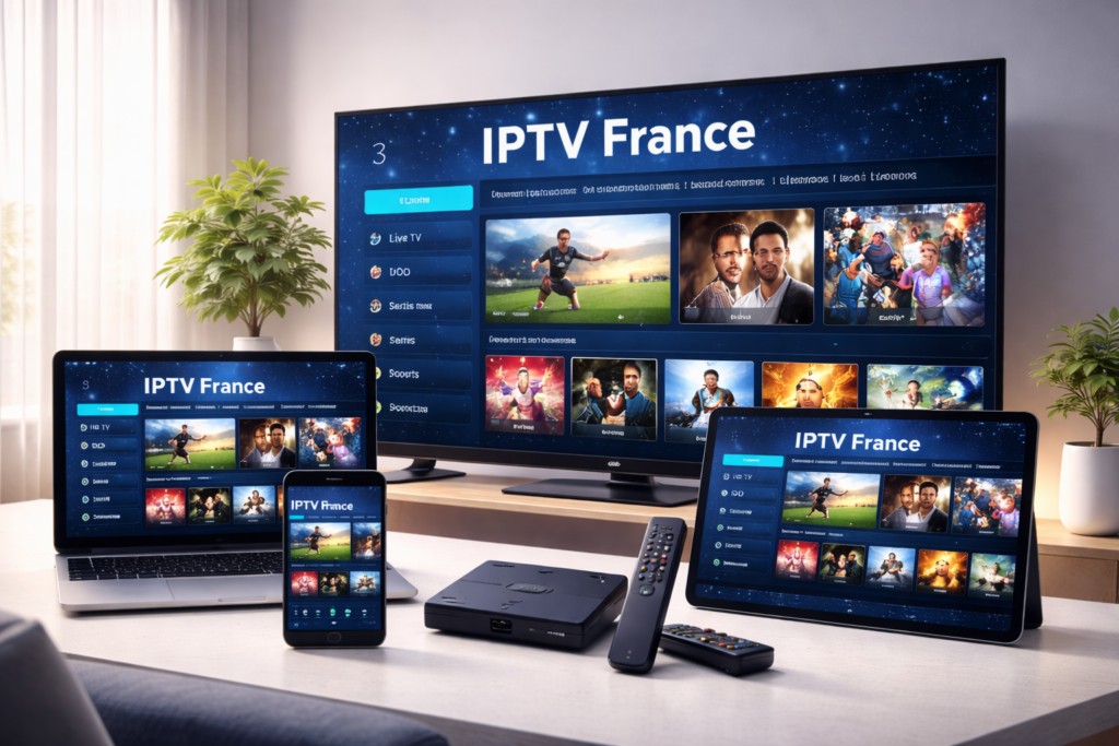 Comparatif et guide IPTV France 2026 montrant Smart TV, smartphone, tablette et autres appareils, flux 4K stable, qualité HD/4K, prix, compatibilité, streaming fluide et offres premium IPTV, style high-tech et professionnel
