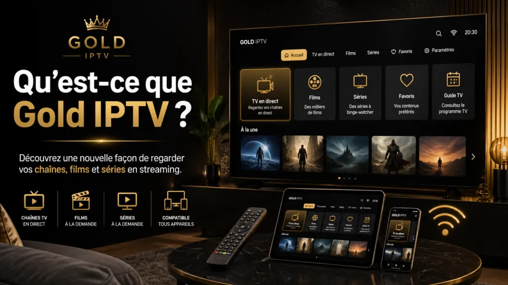 Configurer l’application Gold IPTV sur Smart TV et profiter rapidement de vos chaînes, films et séries avec une connexion simple et fluide.
