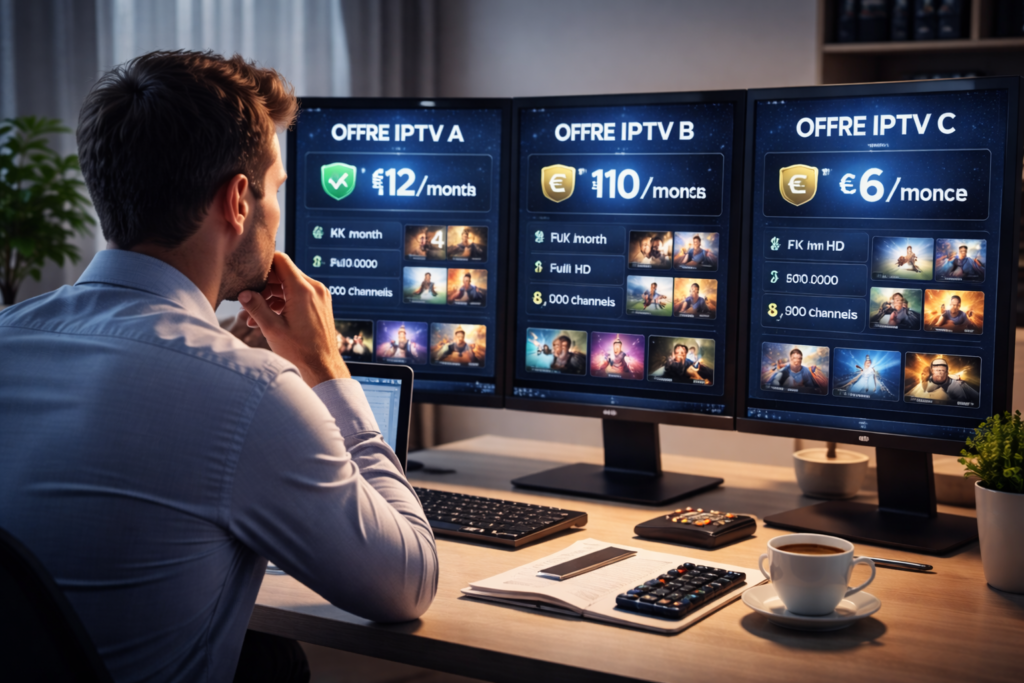 Comparatif et guide IPTV France 2026 montrant Smart TV, smartphone, tablette et autres appareils, flux 4K stable, qualité HD/4K, prix, compatibilité, streaming fluide et offres premium IPTV, style high-tech et professionnel