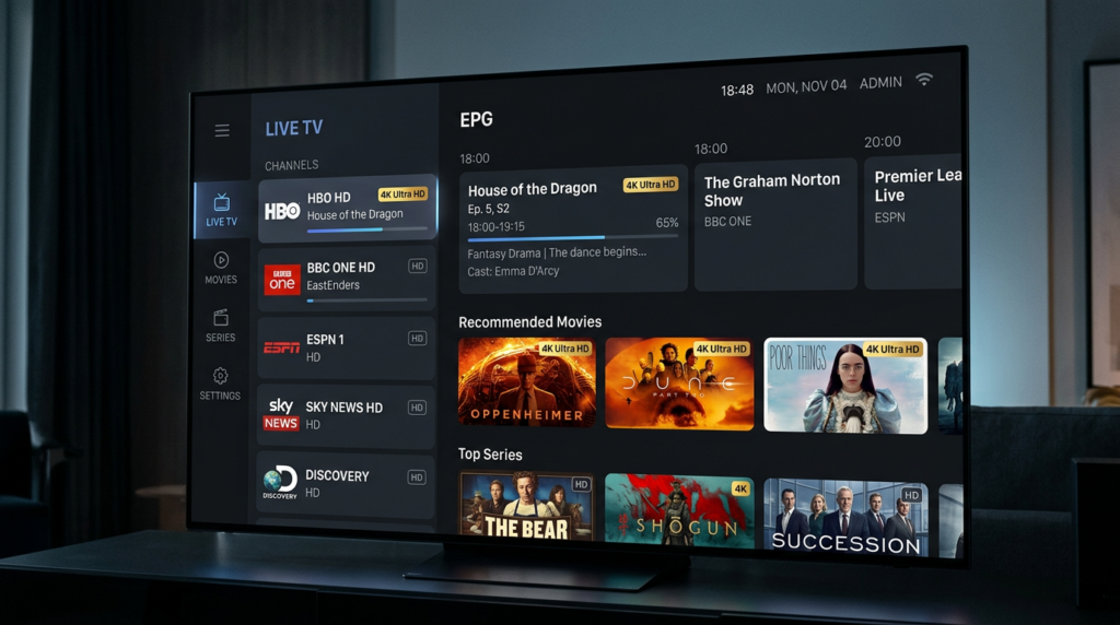 Interface IPTV réaliste en gros plan, présentant un guide TV EPG, des chaînes en direct, des films et des séries, avec un design moderne en mode sombre et des repères HD et 4K.