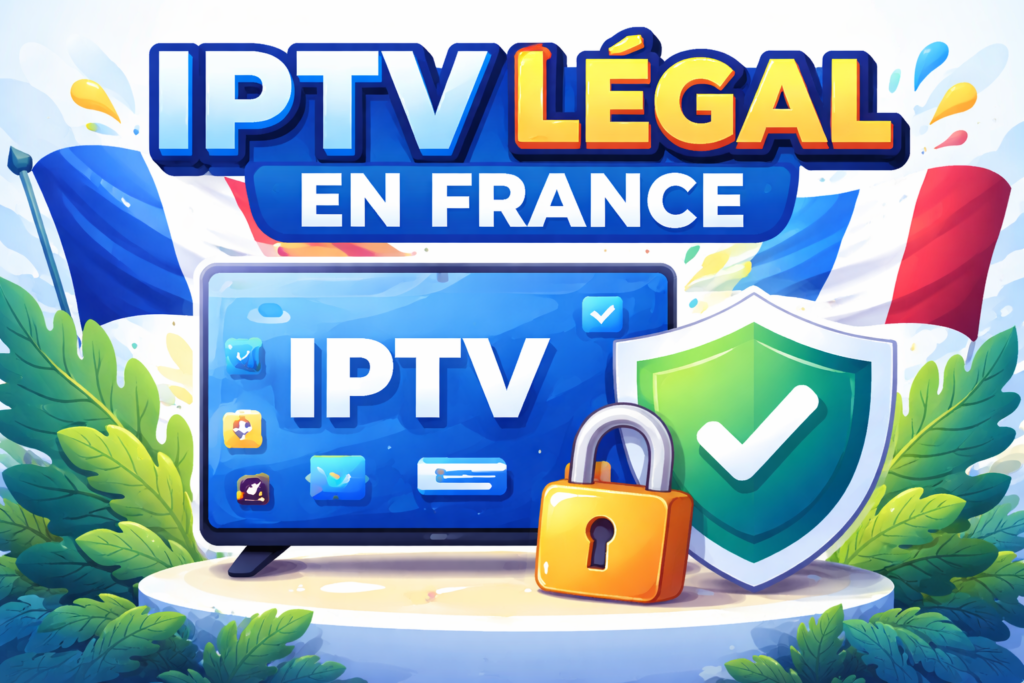 Illustrations éducatives sur l’IPTV légal en France, montrant des écrans TV, symboles de sécurité, drapeau français, comparaisons entre risques de l’IPTV illégale et avantages d’une solution légale, dans des styles infographique, réaliste, cartoon et high-tech.