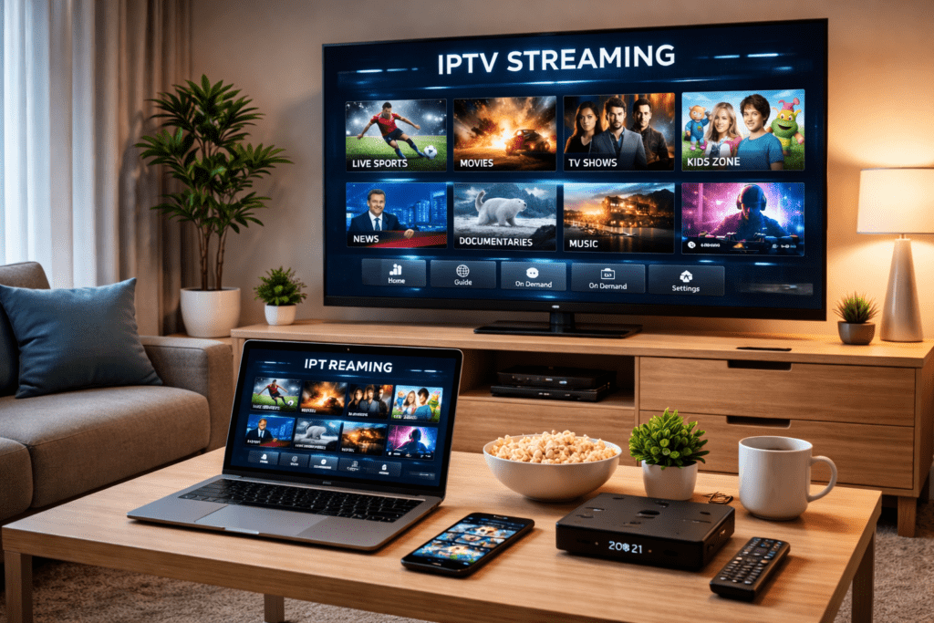 Salon moderne avec Smart TV, box Android, ordinateur portable et smartphone diffusant IPTV simultanément avec une qualité HD/4K et une connexion fluide.