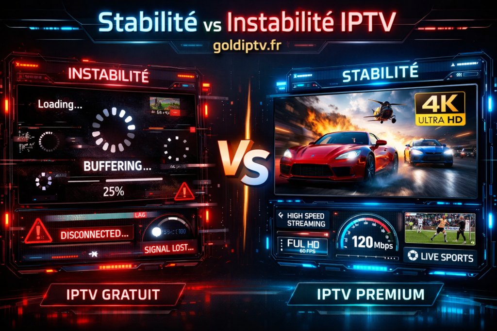 Différence entre IPTV gratuit avec buffering et IPTV payant stable en haute qualité 4K interface moderne goldiptv.fr