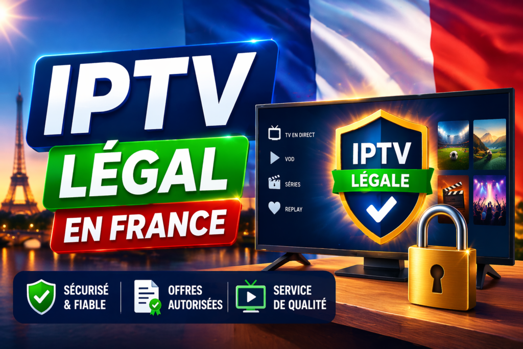 Illustrations éducatives sur l’IPTV légal en France, montrant des écrans TV, symboles de sécurité, drapeau français, comparaisons entre risques de l’IPTV illégale et avantages d’une solution légale, dans des styles infographique, réaliste, cartoon et high-tech.