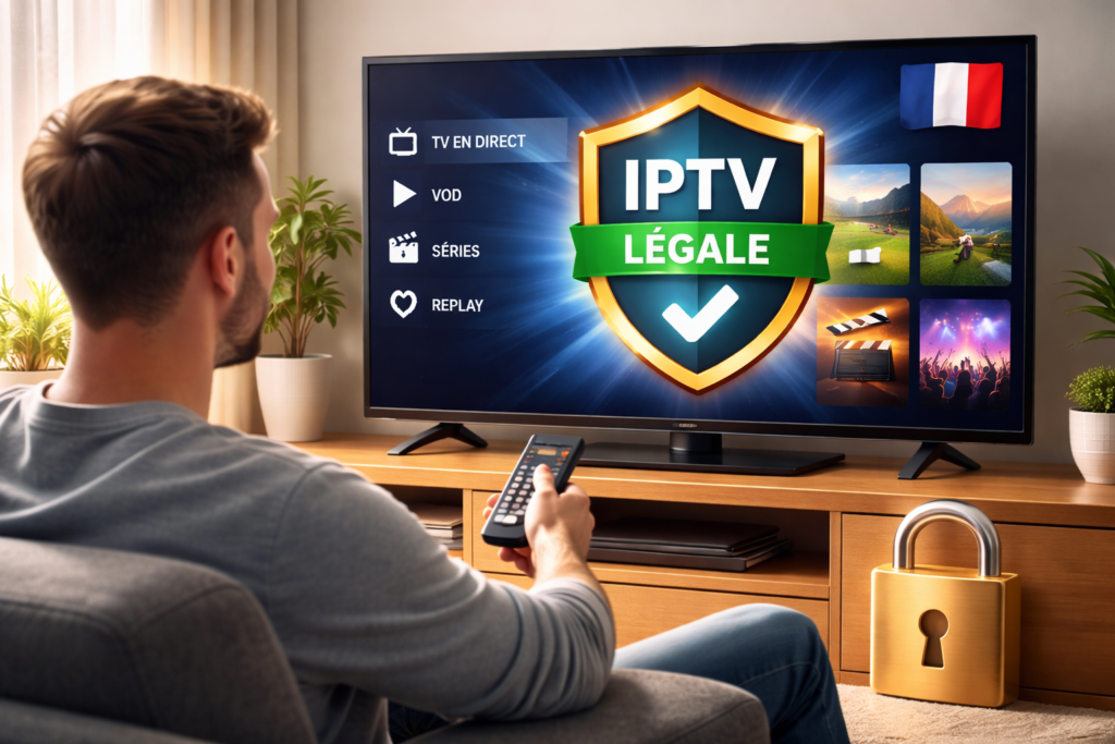 Illustrations éducatives sur l’IPTV légal en France, montrant des écrans TV, symboles de sécurité, drapeau français, comparaisons entre risques de l’IPTV illégale et avantages d’une solution légale, dans des styles infographique, réaliste, cartoon et high-tech.