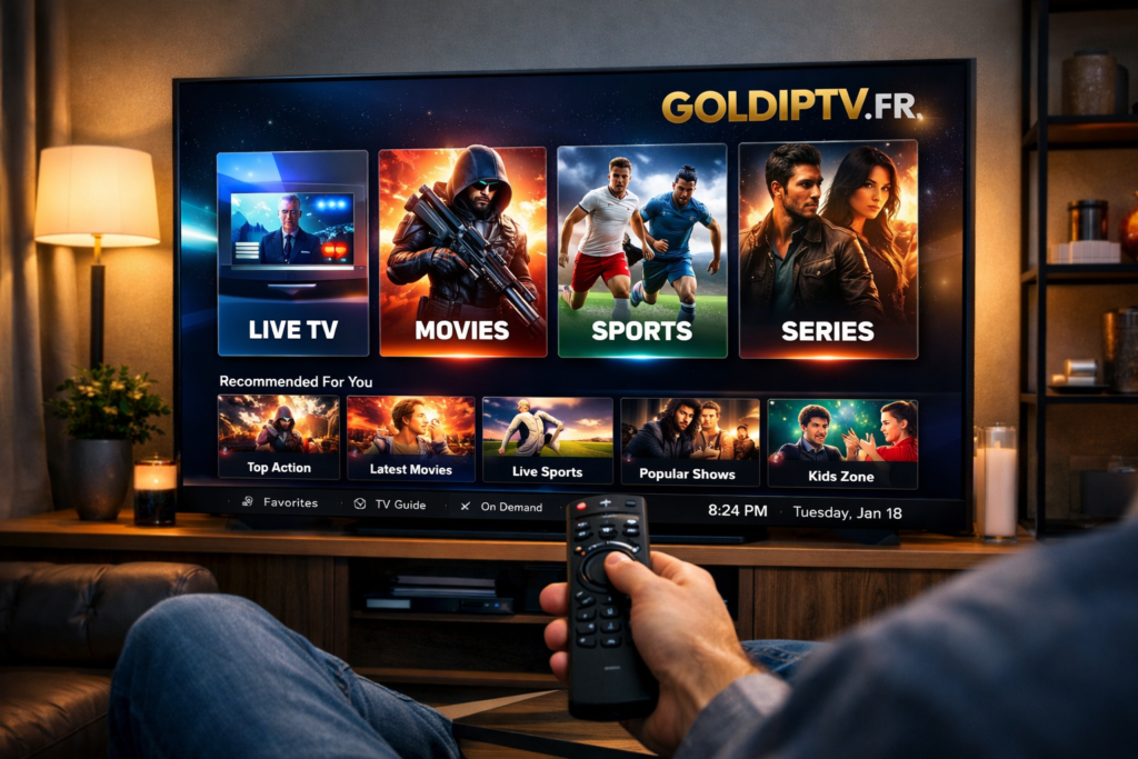 Smart TV showing IPTV interface with live TV, movies, and sports categories in a modern living room
