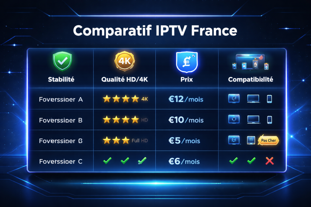 Comparatif et guide IPTV France 2026 montrant Smart TV, smartphone, tablette et autres appareils, flux 4K stable, qualité HD/4K, prix, compatibilité, streaming fluide et offres premium IPTV, style high-tech et professionnel