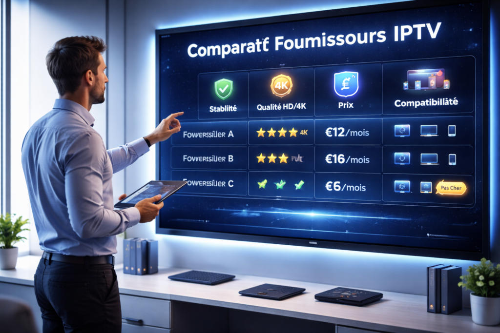 Comparatif et guide IPTV France 2026 montrant Smart TV, smartphone, tablette et autres appareils, flux 4K stable, qualité HD/4K, prix, compatibilité, streaming fluide et offres premium IPTV, style high-tech et professionnel