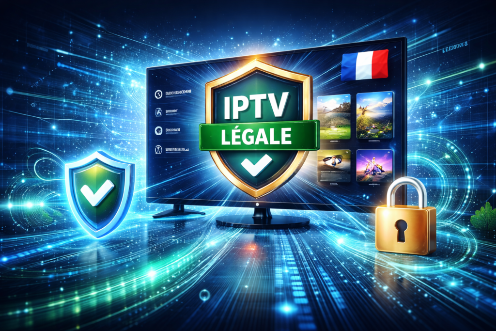 Illustrations éducatives sur l’IPTV légal en France, montrant des écrans TV, symboles de sécurité, drapeau français, comparaisons entre risques de l’IPTV illégale et avantages d’une solution légale, dans des styles infographique, réaliste, cartoon et high-tech.