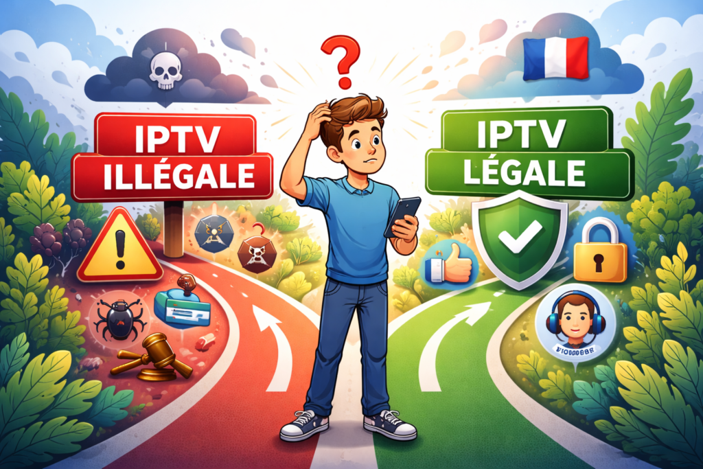 Illustrations éducatives sur l’IPTV légal en France, montrant des écrans TV, symboles de sécurité, drapeau français, comparaisons entre risques de l’IPTV illégale et avantages d’une solution légale, dans des styles infographique, réaliste, cartoon et high-tech.