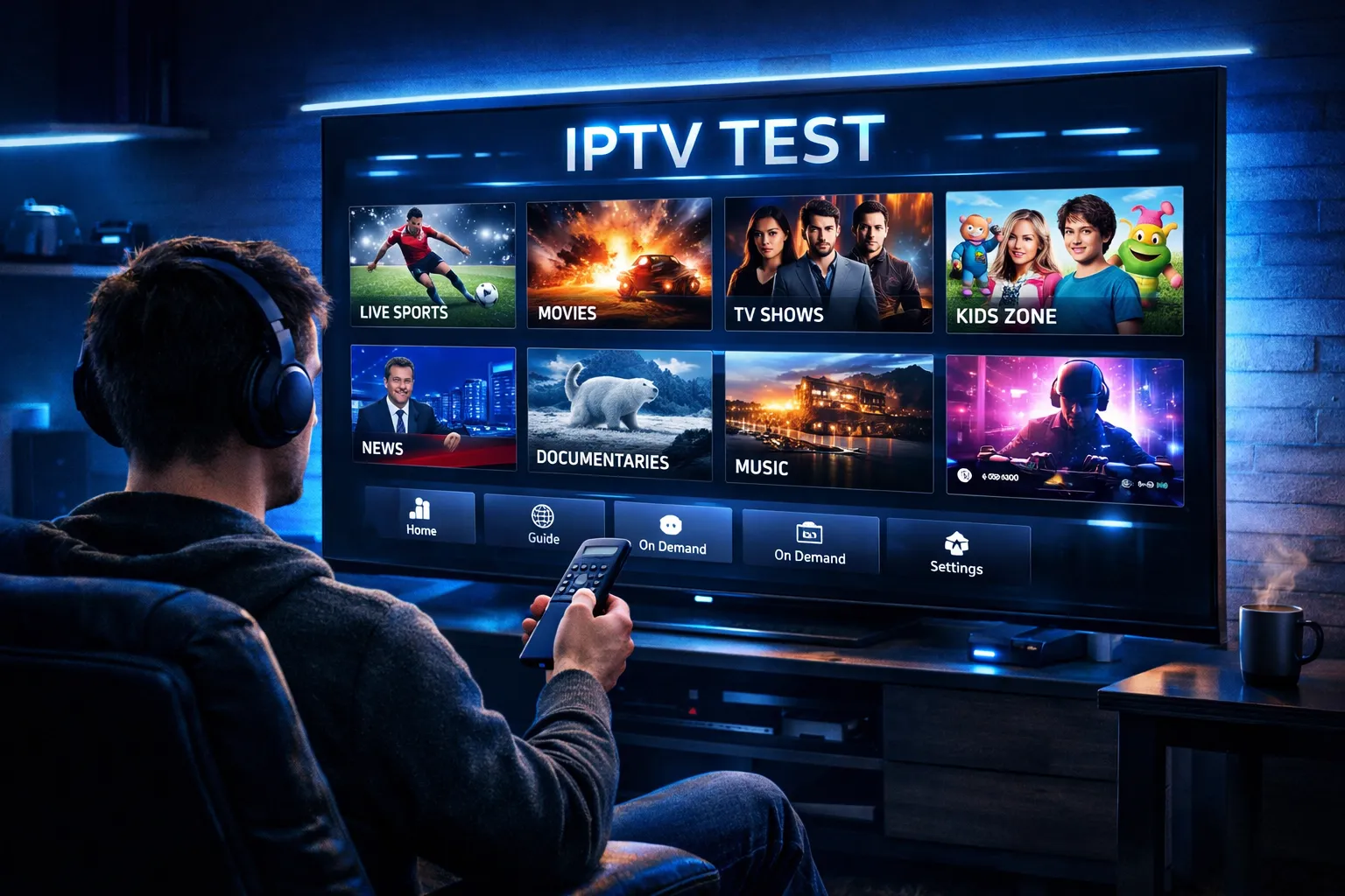 Test IPTV futuriste dans une pièce sombre