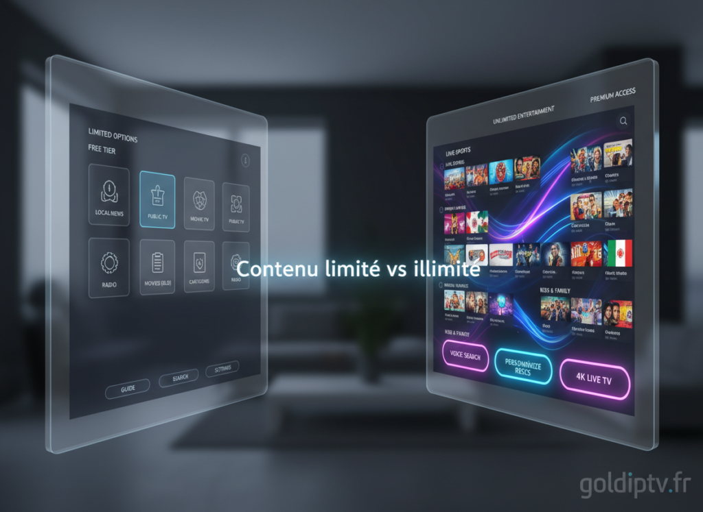Comparaison IPTV gratuit vs IPTV payant nombre limité de chaînes contre catalogue illimité films et sports goldiptv.fr