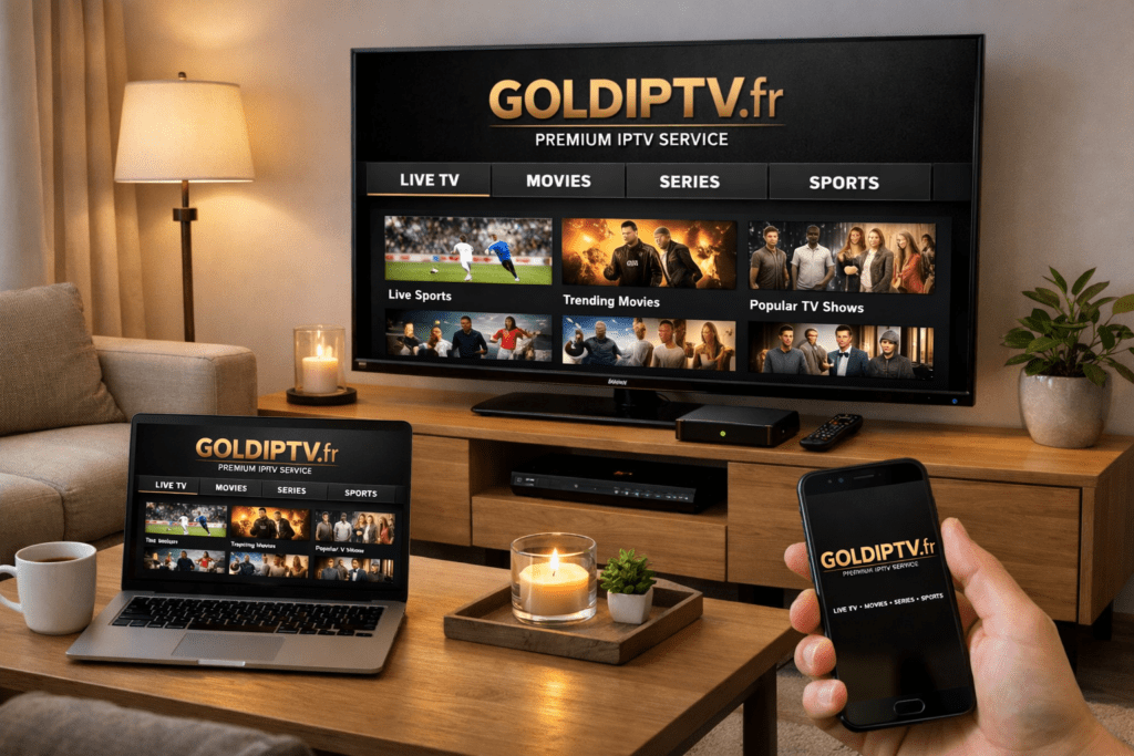 goldiptv.fr
Salon moderne avec éclairage chaleureux et style minimaliste, montrant une installation IPTV multi-écrans : une Smart TV, un boîtier Android, un ordinateur portable et un smartphone diffusent simultanément le service GOLDIPTV.fr avec une interface élégante affichant chaînes en direct, films et séries.