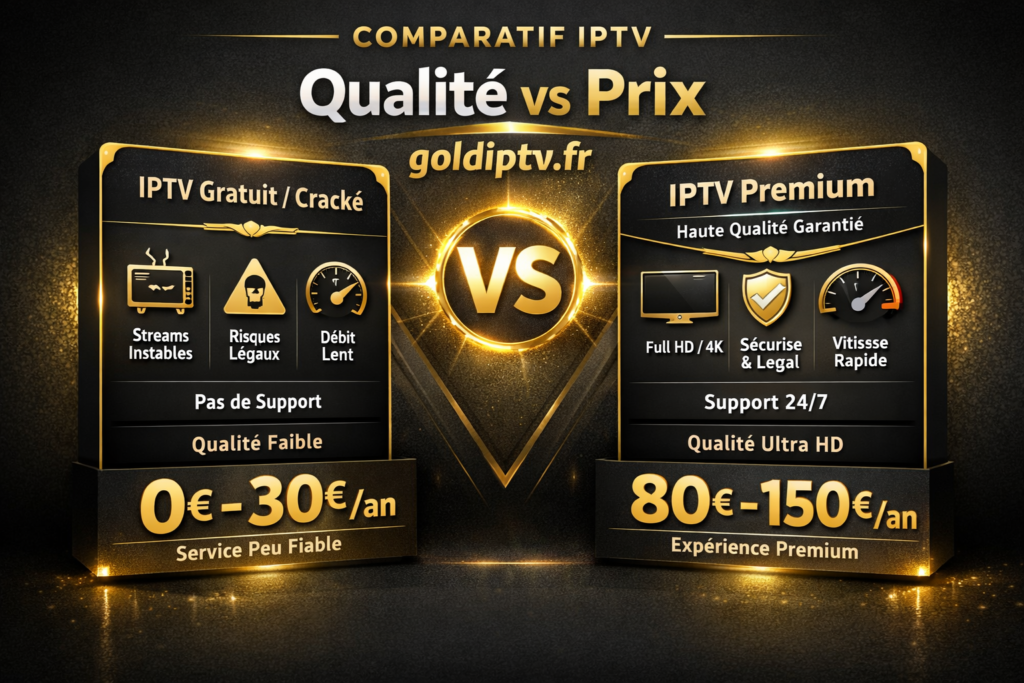 IPTV gratuit vs IPTV payant comparaison prix qualité et performance service streaming premium goldiptv.fr