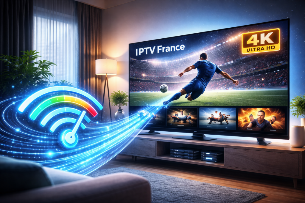 Comparatif et guide IPTV France 2026 montrant Smart TV, smartphone, tablette et autres appareils, flux 4K stable, qualité HD/4K, prix, compatibilité, streaming fluide et offres premium IPTV, style high-tech et professionnel