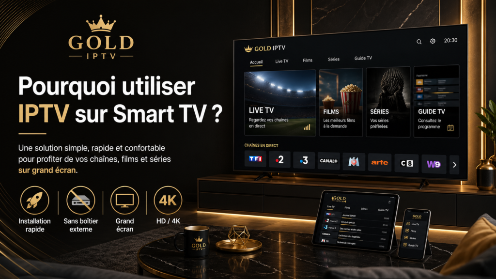 Configurer l’application Gold IPTV sur Smart TV et profiter rapidement de vos chaînes, films et séries avec une connexion simple et fluide.