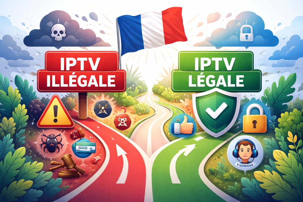 Illustrations éducatives sur l’IPTV légal en France, montrant des écrans TV, symboles de sécurité, drapeau français, comparaisons entre risques de l’IPTV illégale et avantages d’une solution légale, dans des styles infographique, réaliste, cartoon et high-tech.