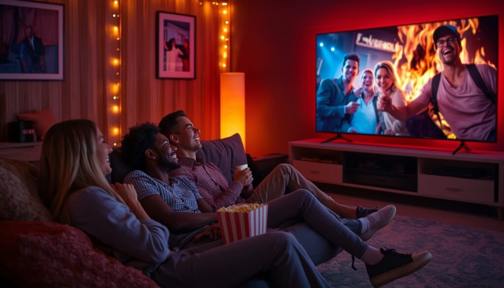 Une famille heureuse profitant de son abonnement premium IPTV de 12 mois chez GOLDIPTV France.